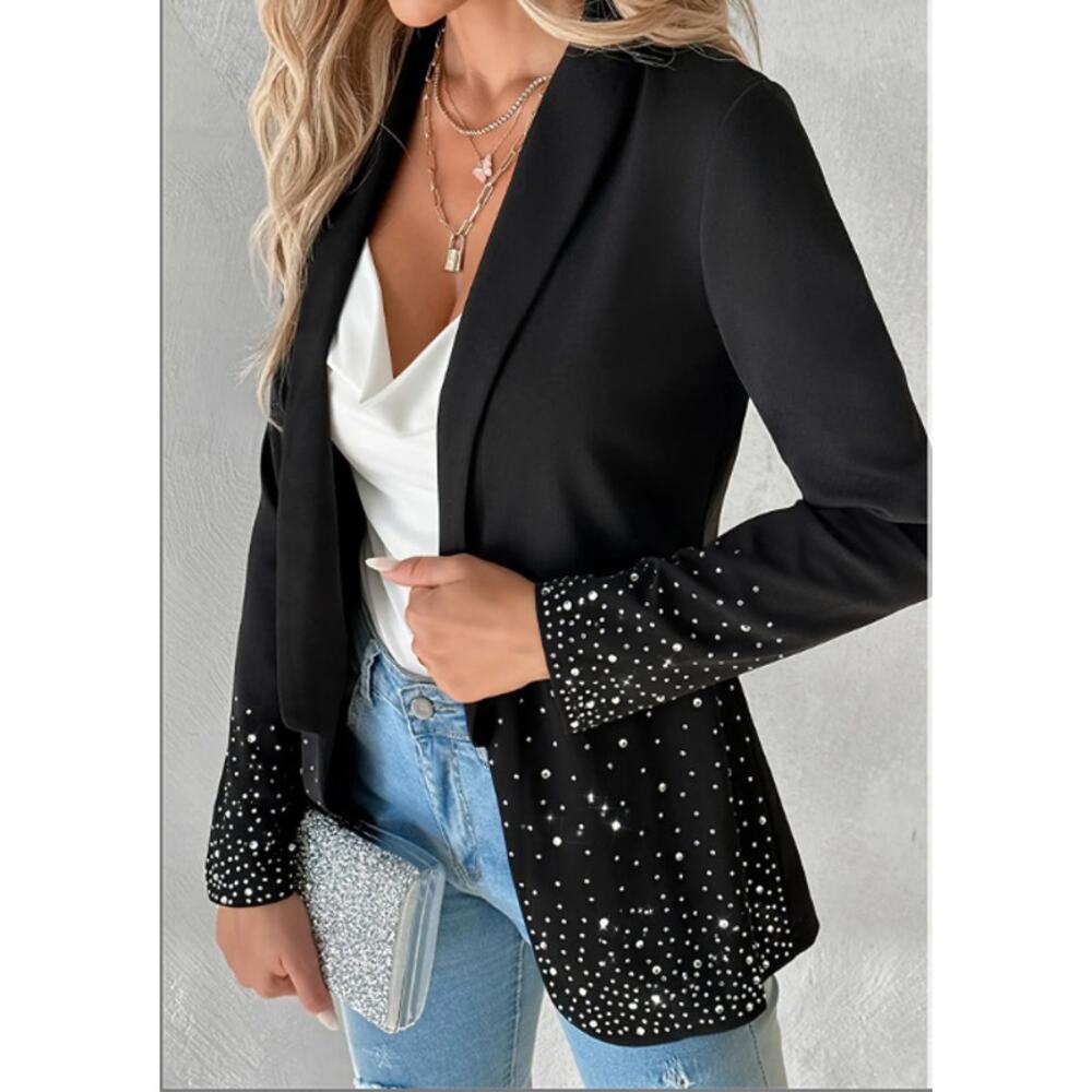 ChicMe Rhinestone Blazer Black Glam Open Front Jacket XL Evening Chic Sparkle